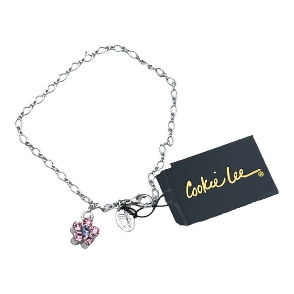 NWT Cookie Lee Australian Crystal Silvertone Pink & Purple Flower Bracelet - Picture 2 of 5